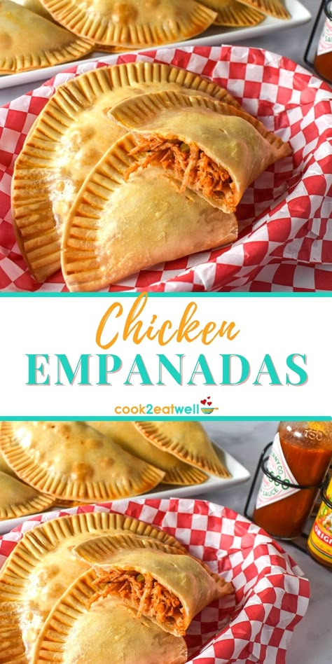 Two images of the chicken empanadas served in a basket with a red and white checkered liner. One of the empanadas is cut in half so the inside is visible. In the background there is a white platter with more and hot sauce to the back-right side. Shredded Chicken Empanadas, Empanadas Chicken, Chicken Empanadas Recipe, Chicken Empanada Recipe, Cheese Empanadas Recipe, Autumn Dinners, Easy Empanadas Recipe, Baked Empanadas, Cheese Empanadas