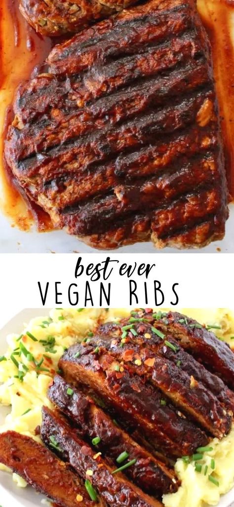 The best vegan ribs made with tender meaty jackfruit, wheat gluten and all the traditional smoky barbecue spices. These meatless ribs are sure to impress even the pickiest meat eaters, a must make on your griddle, in the oven or your outdoor grill! No oil recipe. Vegan Meat Replacements, Jackfruit Ribs Vegan Recipes, Vegan Ribs Recipe, Jackfruit Ribs, Seitan Ribs, Vegan Grill, Burger Vegetarian, Vegan Ribs, Vegan Bbq Recipes