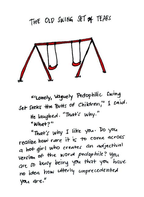 "Swing Set Needs Home," I said (8.123). Hazel thinks about her swing set one day and knows that she had some good times, not great times, on it and that it's time for another family to use it. She had memories on it with her family but that's all it was, memories. The Fault In Our Stars Quotes, John Green Books, Into The West, Star Quotes, The Fault In Our Stars, Book Worm, John Green, Green Books, Swing Set