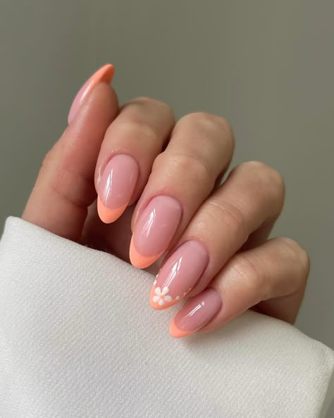 #ad 🧡🍑🌷 @the_gelbottle_inc Hubba Bubba Daisy Clients - please book standard for this design | Instagram Almond Nails Peach Color, Holiday Nails Summer Acrylic 2024 Almond, French Peach Nails, Peach Coloured Nails, Peach Colour Nails, Peach French Nails, Peach French Tips, Peach French Tip Nails, Holiday Acrylics