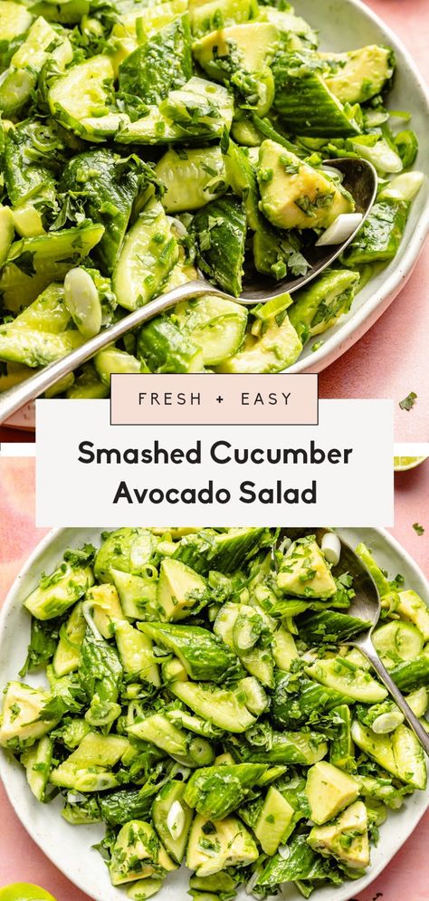 Easy smashed cucumber avocado salad made with simple ingredients for a beautiful side dish or addition to grain bowls and proteins! This fresh cucumber avocado salad packs plenty of flavor from lime juice, herbs, and a little jalapeño. Coke Salad, Good Salad Recipes, Cucmber Salad, Aip Recipes Autoimmune Protocol, Ambitious Kitchen Recipes, Smashed Cucumber, Smashed Cucumber Salad, Cucumber Avocado Salad, Autoimmune Recipes