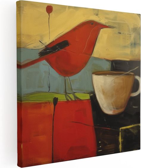 Artaza Canvas Schilderij Rode Vogel zit Naast een Kopje Koffie - 30x30 - Klein - Foto... | bol Fauvist Art, Abstract Art, Canvas Print, Canvas, Art