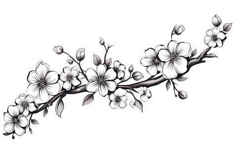 Cherry blossom graphics drawing flower.  | premium image by rawpixel.com / Hein Cherry Blossom Tattoo Drawing, Cherry Blossom Design Drawing, Cherry Blossom Tattoo Stencil Design, Cherry Blossom Tattoo Stencil, Cherry Blossom Collar Bone Tattoo, Cherry Blossom Tattoo On Back, Line Art Cherry Blossoms, Cherry Blossom Tree Stencil, Cheery Blossoms Tattoo Black And White