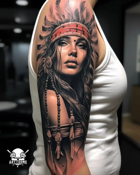 Embark on a cultural journey with these mesmerizing Indian sleeve tattoo ideas. Capturing the essence of high-contrast realism and… | Instagram Native American Female Tattoo, Native American Tattoo Flash, Indian Women Tattoo, Native Indian Tattoos, India Tattoo, Tattoo Between Breast, Native American Tattoo Designs, Font Tato, Headdress Tattoo