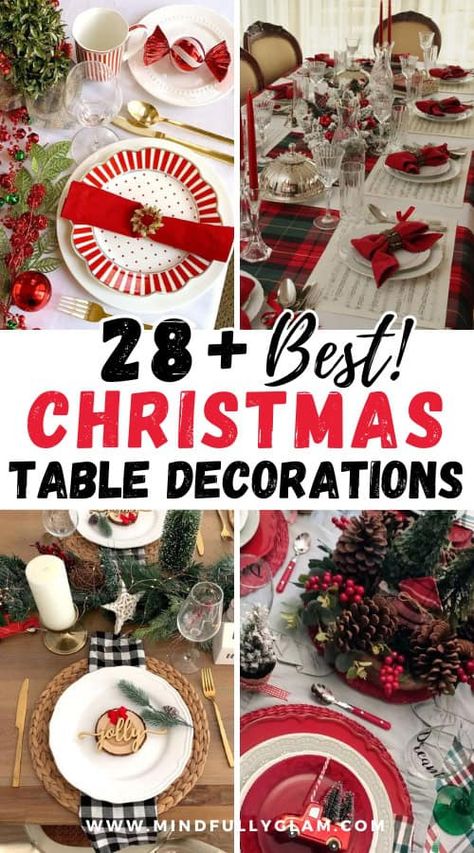 28+ Christmas Table Decorations & Christmas Table Decor Your Guests Will Love Christmas Table Decorations Centerpiece Elegant, Table Settings Christmas, Christmas Candle Centerpieces, Round Table Settings, Christmas Dining Table Decorations, Table Decorations Christmas, Dining Table Decorations, Holiday Decor Ideas, Xmas Table Decorations