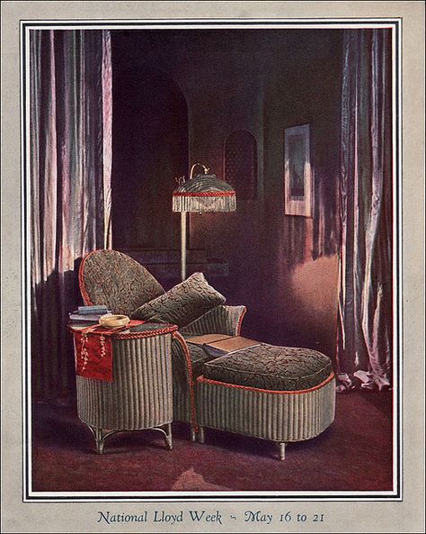 Lloyd Loom Products made high grade woven wicker furniture and baby carriages. This suite calls out to be enjoyed by the "lady of luxury". Illustration is a wonderful secondary triadic color scheme of plum, sage, and rust. Elegant. Published in House & Garden. Vintage Art Deco Interior, 1920s Furniture, 1920s Home Decor, 1920s Interior, 1920s Decor, Vintage Home Decor Boho, Vintage Rooms, 1920s Interior Design, 1920s Home