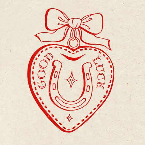 good luck, babe! ♥️ new sticker design inspired by vintage heart lockets! #art #tattoo #redlineart #goodluck #luckyhorseshoe #luckyhorseshoetattoo #chappellroan #goodluckbabe #heartlocket #etsy #smallbusiness #vintage #bow #coquette Cowboy Heart Tattoo, Retro Tattoos Vintage, Astetic Designs, Lasso Heart Tattoo, Sticker Tattoo Back, Heart Themed Tattoos, Western Aesthetic Tattoo, Good Luck Babe Tattoo, Locket Painting