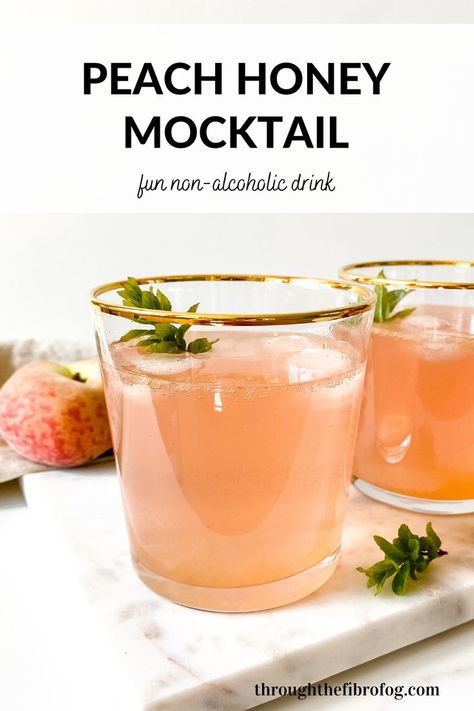 A fun non-alcoholic drink for summer or the holidays, this peach honey mocktail is fruity and flavourful and very easy to make. Vegetarian, dairy-free, gluten free and low histamine recipe. Soda Water Mocktails, Low Histamine Recipes, Peach Tea Recipe, Eras Party, Peach Honey, Honey Drink, Mocktail Drinks, Peach Drinks, Fibro Fog