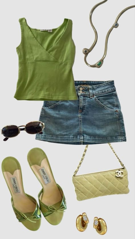 Green tank top and denim skirt! Green heels with a green purse. A pair of sunglasses and a statement necklace! #summer #fashion #summeroutfitideas #green #tanktopoutfits #denim #skirtfashion #heels #green #bows #pursesandhandbags #sunglasses #statementjewelry #necklace Summer Green Top Outfit, Summer Heel Outfits, Green Top Summer Outfits, Green Clubbing Outfits, Green And Black Concert Outfits, Denim And Green Outfit, Green Purse Outfit Ideas, Outfits With Green Skirt, Green Tops Outfit