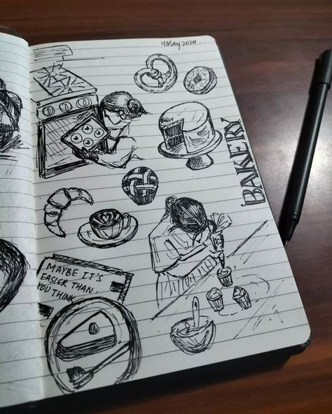 ˚ ⋅ 𓐐𓎩 ‧ random sugary doodles ˚ ⋅ 𓐐𓎩 ‧ ᥫ᭡ tags: #doodling #doodlingart #sketch #sketchbook #bakery #doodle #baker Baker Drawing, Bakery Sketch, Bakery Drawing, Sketchbook Ideas, Book Art Drawings, Book Art, Doodles, Art Drawings, Sketch