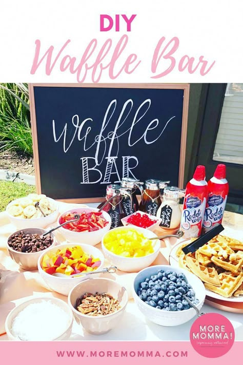 Looking for waffle bar ideas for your next brunch? I've sharing the best waffle bar toppings and set-up! A homemade sign, pre-measured batter, and lots of delicious toppings are just a few of my favorite ideas! #wafflebarideas #wafflebarbrunch #wafflebartoppings #christmasbrunch Waffle Bar Toppings, Waffle Bar Ideas, Diy Waffle Bar, Diy Waffles, Brunch Waffles, Bday Brunch, Graduation Brunch, Brunch Bar, Waffle Bar