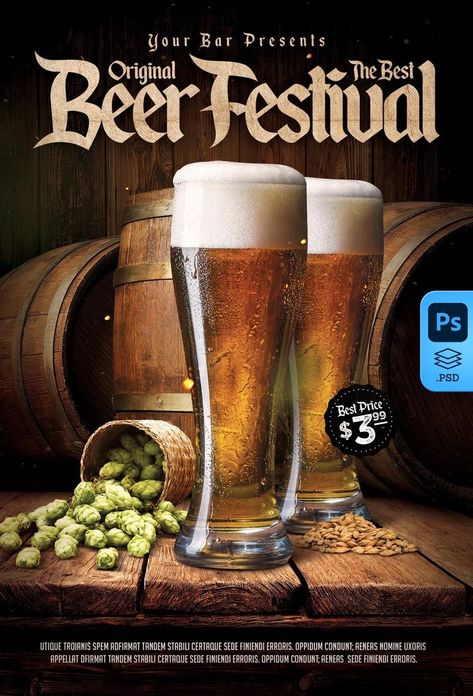 Beer Flyer Menu. PSD Photoshop. Ready to Download. All Text and Elements are Editable. Beer Flyer, Signage Board, Beer Festival, Cool Bars, Graphic Arts, Flyer Template, Beer Glasses, Beer, Photoshop