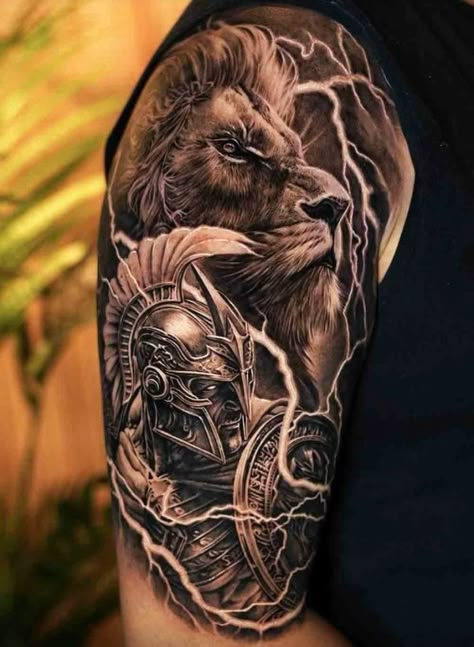 Warrior Lion Tattoo, Sparta Tattoo, Lion Shoulder Tattoo, Warrior Tattoo Sleeve, Gladiator Tattoo, Lion Tattoo Sleeves, Spartan Tattoo, Mens Lion Tattoo, Realistic Tattoo Sleeve