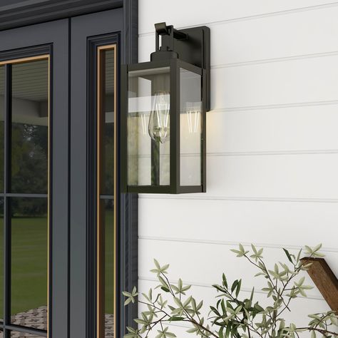 1-Light Matte Black Modern Outdoor Wall Lantern - Bed Bath & Beyond - 36992216 Farmhouse Outdoor Lighting, Carriage Lights, White Farmhouse Exterior, Front Door Lighting, Modern Farmhouse Lighting, Outdoor Wall Mounted Lighting, Exterior Light Fixtures, Craftsman Exterior, Black Light Fixture