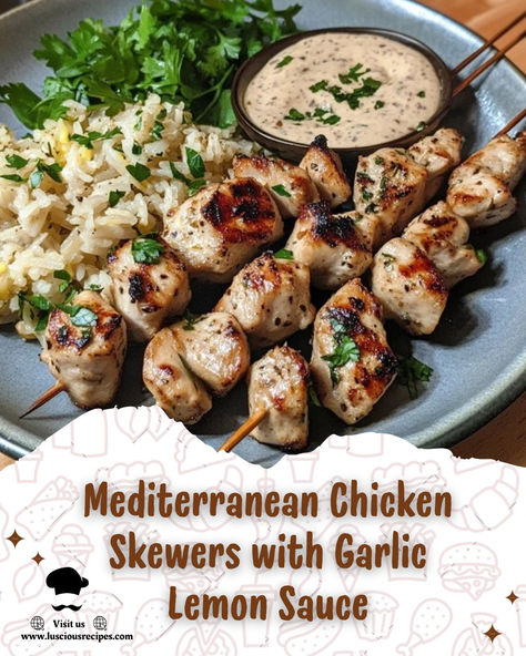 Savor the vibrant flavors of Mediterranean Chicken Skewers with zesty garlic lemon sauce—a healthy, mouthwatering dish perfect for any occasion! Mediterranean Chicken Skewers, Lemon Chicken Skewers, Quick Supper Ideas, Garlic Lemon Chicken, Greek Lemon Chicken, Mediterranean Chicken, Hearty Dinner, Lemon Sauce, Chicken Skewers