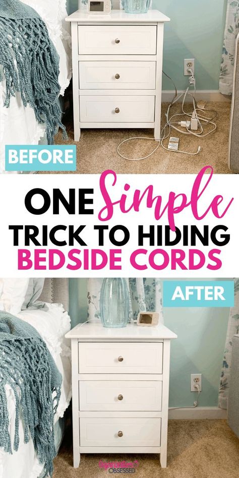 Easily hide bedside cords with this simple trick to hide cords! Hiding chargers and cords behind your nightstand for less than $5 dollars has never been so easy when you use cable clips! #hidingbedsidecords #hidingcords #hidingchargers #cableclips #bedsideorganization #organizing #bedroom Clean Your Walls, Hiding Cords, Hide Electrical Cords, Arm And Hammer Super Washing Soda, Cleaning Carpets, Clean Your Oven, Spanish Projects, Hide Cords, Nightstand Organization