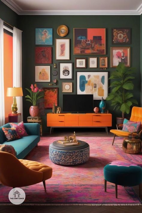 Does your home feel like a jumble of mismatched items? Time to unleash maximalism! This design trend is all about embracing the art of organized chaos. With vibrant colors and bold patterns, learn how to curate your space with style and grace. Whether you're a maximalist novice or a seasoned enthusiast, find the balance between eclectic pieces and harmonious design. #Maximalism #OrganizedChaos #DesignInspiration #HomeStyle #ColorfulLiving#Maximalism #OrganizedChaos #DesignInspiration #HomeStyle #ColorfulLiving Soft Maximalist Decor, Maximalist Home Design, Mid Century Maximalist Decor, Mcm Maximalist, Contemporary Maximalism, Maximalism Living Room, Mcm Room, Eclectic Interior Design Vintage, Colour House