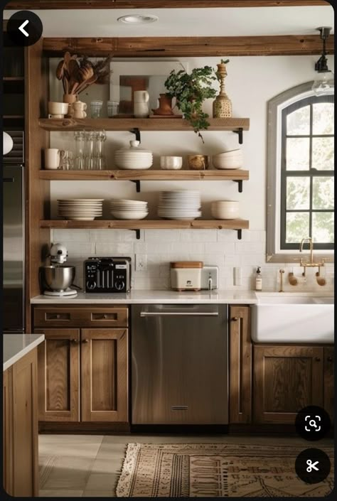 Standard Height Of Kitchen Counter, Open Shelves Over Stove, Open Rustic Kitchen Shelves, Kitchen With Wooden Shelves, Open Shelving And Cabinets In Kitchen, No Cupboard Kitchen, Small Space Renovation, Kitchen Wall Shelves Ideas, Minimal Cottage Style