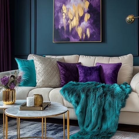 Image Purple And Teal Living Room Ideas, Purple And Gold Living Room Ideas, Teal And Purple Living Room, Turquoise And Gold Living Room, Purple Velvet Couch, Purple Interior Design, Purple Living Room, Teal Living Rooms, Black Living