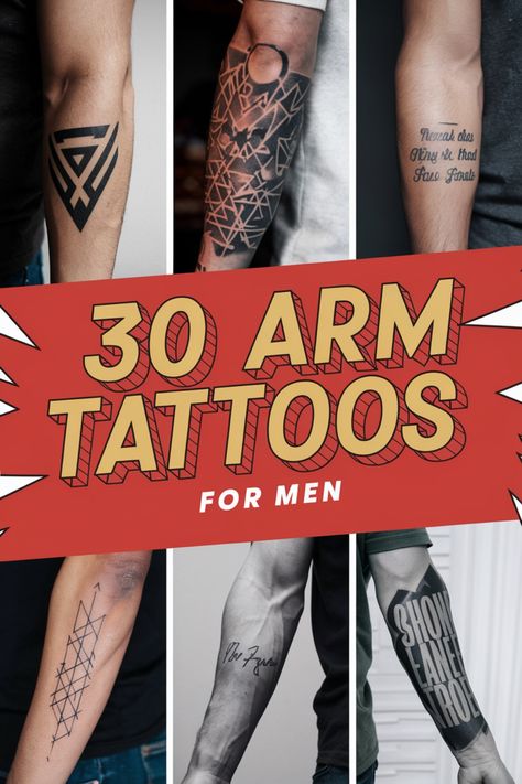 30 different arm tattoo designs for men, featuring geometric shapes and textual elements. Coolest Forearm Tattoos For Men, Male Arm Tattoo Ideas, Male Forearm Tattoo Ideas Half Sleeves, Forearm Tattoo Bands For Men, Male Arm Tattoos Forearm, Sleeve Starter Tattoo Ideas Men, 2024 Tattoo Ideas Men, Men Forearm Tattoos With Meaning, Male Tattoo Ideas Arm Half Sleeves