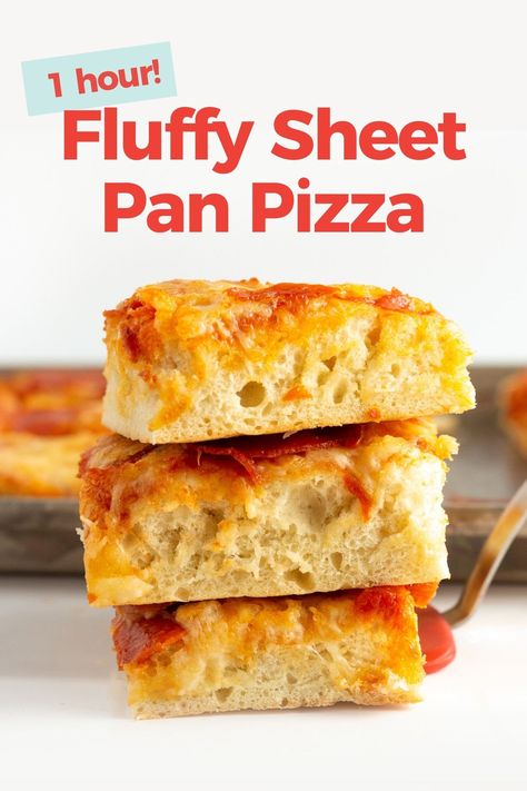 This sheet pan pizza recipe lets you make homemade pan pizza in 30 minutes! The no-rise pizza crust dough is the easiest I've ever made! Pan Pizza Crust Recipe, Sheet Pan Pizza Dough, Pan Pizza Dough Recipe, Pan Pizza Dough, Pizza Kabobs, Homemade Pan Pizza, White Sauce Pizza Recipe, Design Eat Repeat, Pan Pizza Recipe