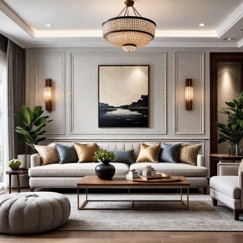 Elegant living room with a beige sofa, assorted pillows, a modern chandelier, wall art, and lush green plants. Neoclassic Living Room, Colonial Chic, Modern Classic Interior, Neoclassical Interior, Chic Interior Design, Classic Interior Design, Classic Living Room, Design Room, Living Room Design Decor