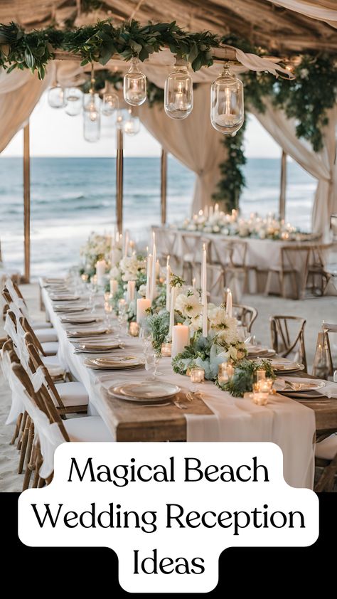 Elegant beach wedding reception setup with coastal decor, stunning table settings, and ocean views for a dreamy celebration. Beach Vibe Wedding Decor, Beach Wedding Winter, Beach Wedding Reception Ideas Decor, Upscale Beach Wedding, Outdoor Beach Wedding Ideas, Summer Beach Wedding Ideas, Seagrass Wedding Decor, Wedding Themes Beach, By The Sea Wedding