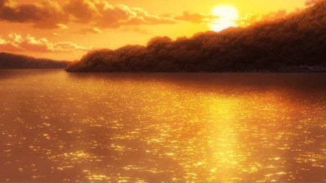 ☆**this is an animated gif~ please click to see the animation!** glowing sunset over a serene lake anime scenery, sparkling water reflection under the setting sun, beautiful realistic animation anime scenery gif Anime Landscape Gif, Orange Gif, Yellow Gif, Landscape Gif, Scenery Gif, Sun Gif, Aesthetic Anime Gifs, Sunset Gif, Orange Banner