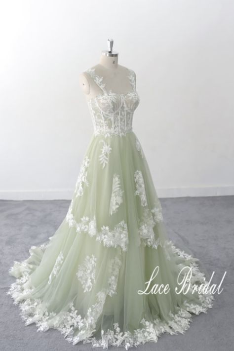 Fairy Wedding Dress Green, Wedding Dress With Green Embroidery, Wedding Dress With Green Detail, White And Green Wedding Dress, Light Green Wedding Dress, Green Wedding Gown, Green Wedding Dresses, Fairy Wedding Dress, Bridal Gowns Vintage