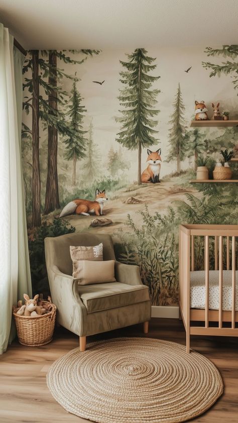 nursery with woodland mural featuring foxes and forest theme Neutral Theme Nursery, Snow White Nursery, Whimsical Nursery Ideas, Nursery Mural Ideas, Cozy Nursery Ideas, Forest Baby Room, Woodland Toddler Room, Nursery Ideas Gender Neutral, Nursery Ideas For Boys