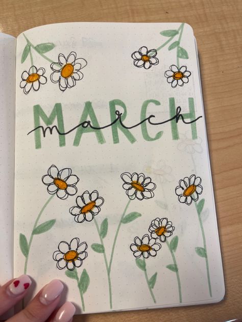 flower bullet journal title page Flower Notes Ideas, March Diary Ideas, Notebook Title Page Ideas School, Planer March, Scrapbook Title Page Ideas Aesthetic, Aesthetic Title Page Ideas, May Title Page Bullet Journal, Flower Title Page, Title Design Notes