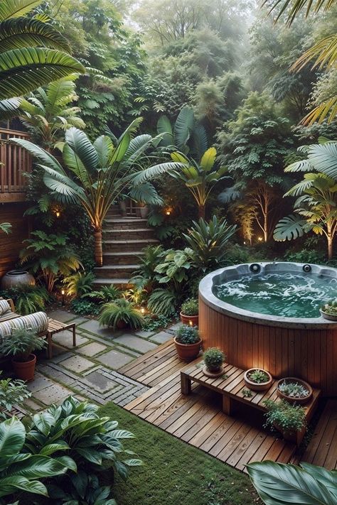 Comfy Backyard Ideas, Tropical Hot Tub Ideas, Nature Spa Design, Hot Tub In Garden, Backyard Spa Oasis, Hot Tub Ideas Backyard Landscaping, Hot Tub Ideas Backyard Patio, Tropical Oasis Backyard, Backyard Oasis Landscaping