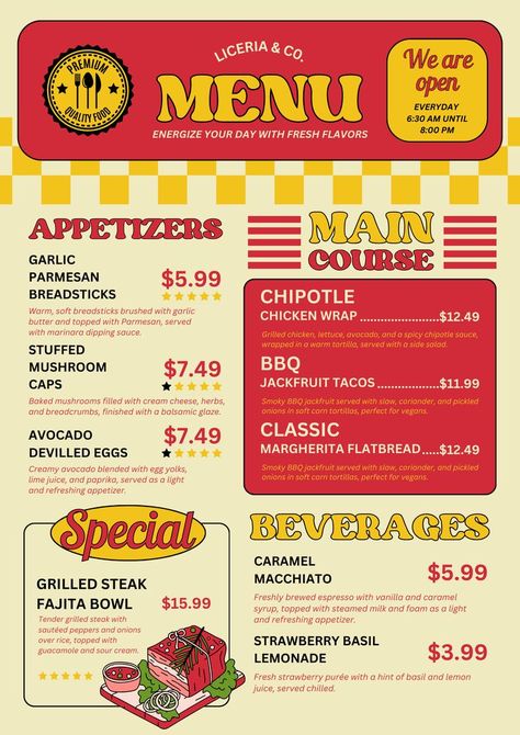 Pizza Menu Design, Infographic Posters, Red Restaurant, Jackfruit Tacos, Menu Design Ideas, Bbq Jackfruit, Diner Menu, Village Market, Baked Mushrooms