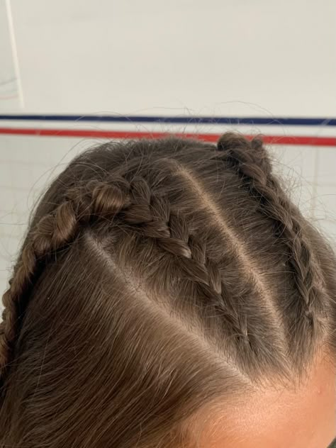 Dutch Braids On Top Of Head, Tiny Dutch Braids, Mini French Braids On Top, 2 Braids Down The Middle, 2 Braids Straight Hair, Two Small Dutch Braids On Top Of Head, Hair Styles With Plaits, Small Dutch Braids On Top Of Head, Double French Braid Half Up Half Down