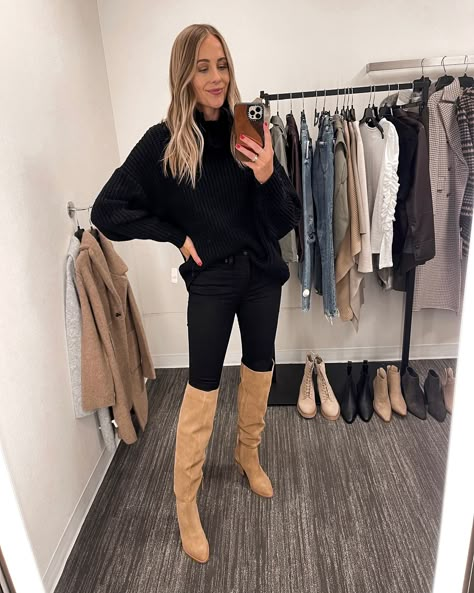 Tan Tall Boots Outfit, Boots Outfit Ideas For Women, Tan Boots Outfit, Blush Leather Jacket, Suede Boots Outfit, Tall Boots Outfit, Tan Knee High Boots, Boots Outfit Ideas, Tan Suede Boots