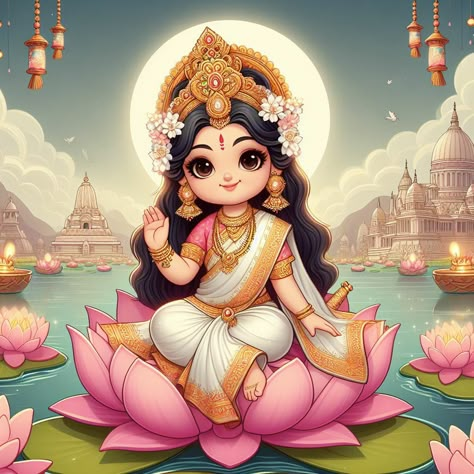 Diwali Drawing Lakshmi, Animated Hindu Gods, Cute God Pics, Baby Laxmi Goddess, Cute Diwali Drawing, Laxmi Mata Sketch, Maa Lakshmi Drawing, Lakshmi Devi Images Art, Laxmi Painting Art