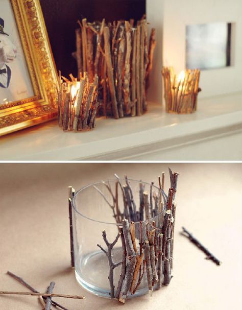 Living Room Christmas Decorations- would like to do for those used Yankee Candle jars....perfect reuse and recycle Twig Candle Holder, Lilin Aroma, Eco Crafts, Astuces Diy, Dekor Diy, Christmas Decorations Living Room, Navidad Diy, Crafty Craft, Paper Roll