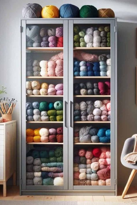 Crochet Supply Organization, Crochet Yarn Storage Organization Ideas, Knitting Craft Room, Creative Yarn Storage, Craft Room Yarn Storage Ideas, Yarn Room Organization, Knitting Room Organization, Crochet Room Organization, Yarn Wall Storage