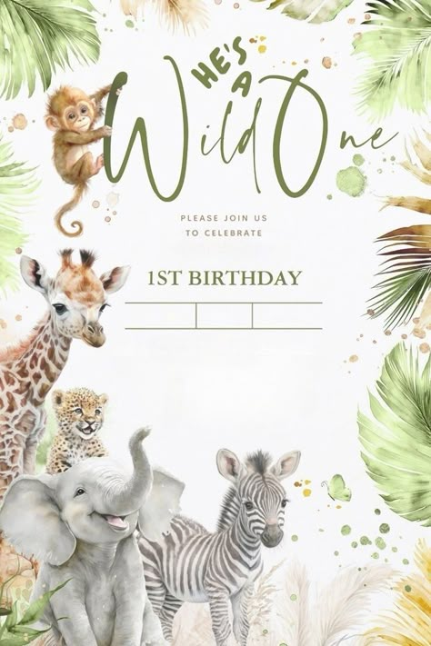 Safari Invitation Template Free, 1st Birthday Safari Theme, Safari Birthday Card, Lion Birthday Party, Safari Theme Birthday Party, Safari Invitations, Birthday Invitation Cards, Safari Animals Birthday, Templates Birthday