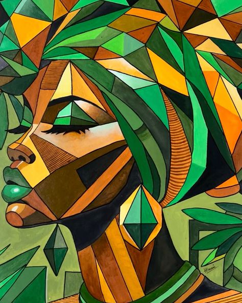 Emerald Reflections: A Geometric Portrait of Grace Size: 22" x 30" Geometric Portrait, Stained Glass Projects, Bride Hairstyles, Fused Glass, Fantasy Creatures, Emerald, Stained Glass, Canvas Painting, Art Painting