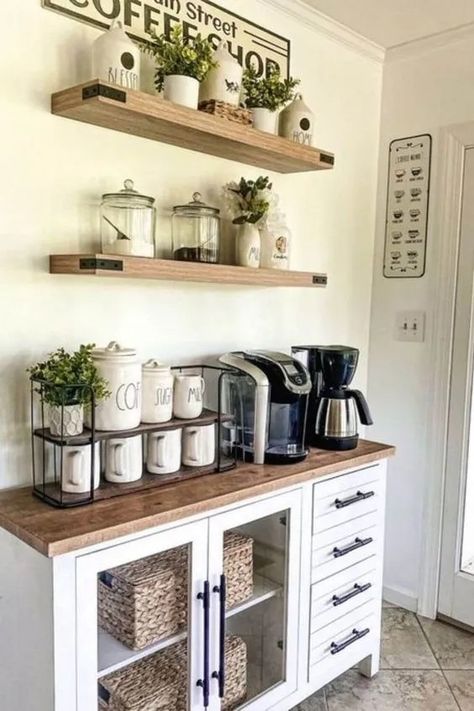 Renovating Apartment, Coffee Vibes Aesthetic, Kaffe Station, Coffee Bar Decorations, Kitchen Counter Coffee Bar, Coffee Bar In Kitchen, Counter Coffee Bar, At Home Coffee Bar, Bar In Kitchen