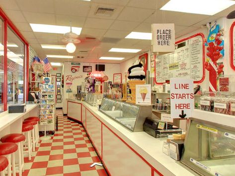 Fun Retro 1950's Malt Shoppe Interior | Regina's Ice Cream Pavilion | Ice Cream Parlor on Fifth Avenue | Naples, Florida 1950 Ice Cream Parlor, 80s Ice Cream Shop, 50s Ice Cream Shop, Old Ice Cream Parlor, 90s Ice Cream Shop, 60s Ice Cream Parlor, Retro Ice Cream Parlor, 1950s Ice Cream Shop, Vintage Ice Cream Parlor Aesthetic