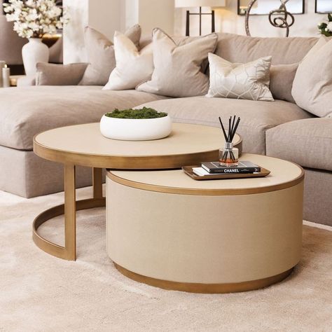 Home Lounge Room Bar, Round Gold Coffee Table, Two Coffee Tables, Rowen Homes, Glam Coffee Table, 2 Side Tables, Apartment On A Budget, Lounge Inspiration, 2 Coffee Tables