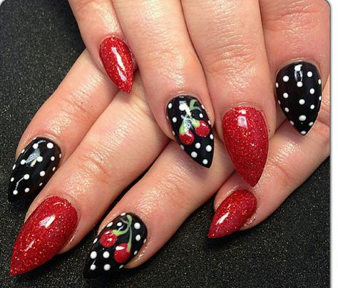 Vintage Nail Designs Retro, Grease Inspired Nails, Rockabilly Nail Art, 50s Style Nails, Pinup Nails Vintage Style, 1950 Nails Design, Nail Art Cherries, Vegas Nails Acrylic, 1950s Nails Ideas