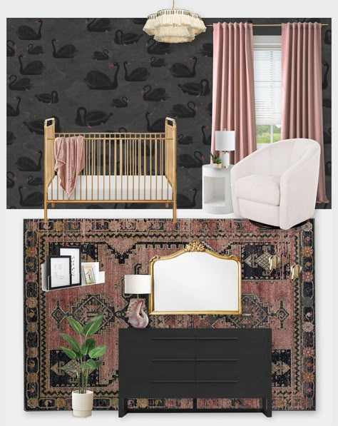 So excited to add these new swan murals to my shop. Swan, herron and any bird wallpaper really has been grabbing my attention lately. For this nursery design board I let the Black Swan Wall Mural be the inspiration for this nursery. This wallpaper comes in four colors neutral gray, mauve pink, and a teal with white swans. Go check them out! New Swan Wall Murals and a Nursery Design Board | Little Crown Interiors Black And Mauve Nursery, Black Nursery Girl, Dark Mauve Nursery, Black Pink Nursery, Pink And Black Nursery, Black And Pink Nursery, Black White Pink Nursery, Pink Black Nursery, Mauve Nursery