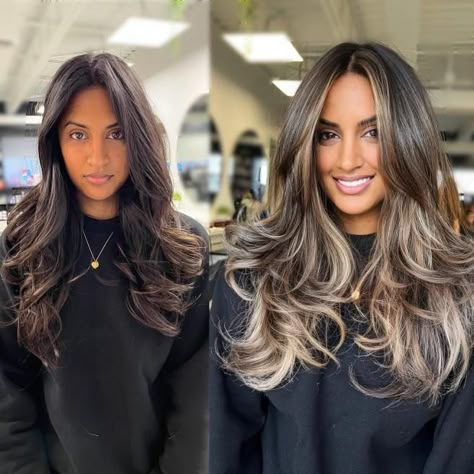 Midshaft-to-Ends Layers for Long Hair Balyage Long Hair, Rambut Brunette, Blonde Highlights On Dark Hair, Black Hair Balayage, Blonde Hair Transformations, Brown Hair Looks, Brown Hair Inspo, Brunette Hair With Highlights, Balayage Hair Dark