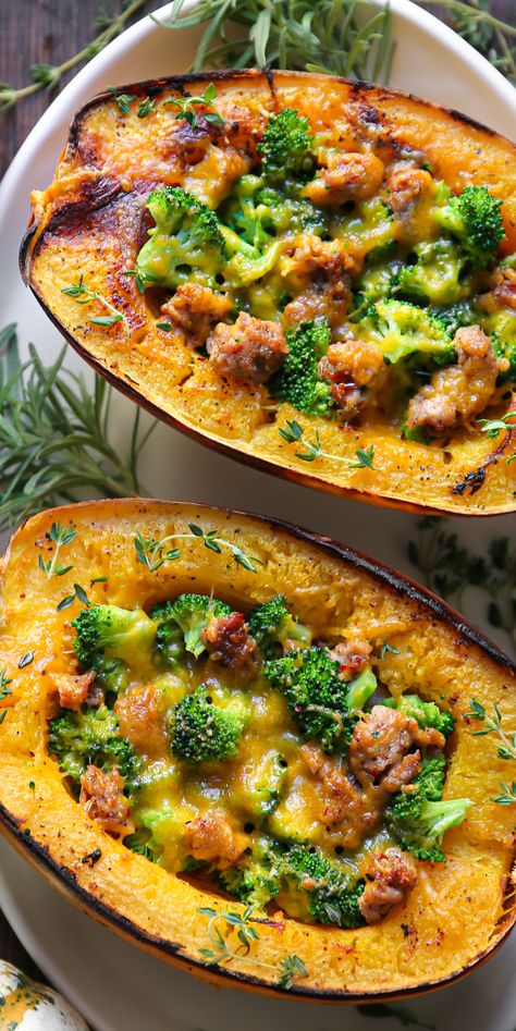 Stuffed Spaghetti Squash with Broccoli, Spicy Italian Sausage, and Cheddar Cheese - on a white platter. Broccoli Sausage, Roasted Spaghetti Squash, Stuffed Spaghetti Squash, Spaghetti Squash Recipes, Autumn Inspired, Fall Dinner, Squash Recipes, Spaghetti Squash, Italian Sausage