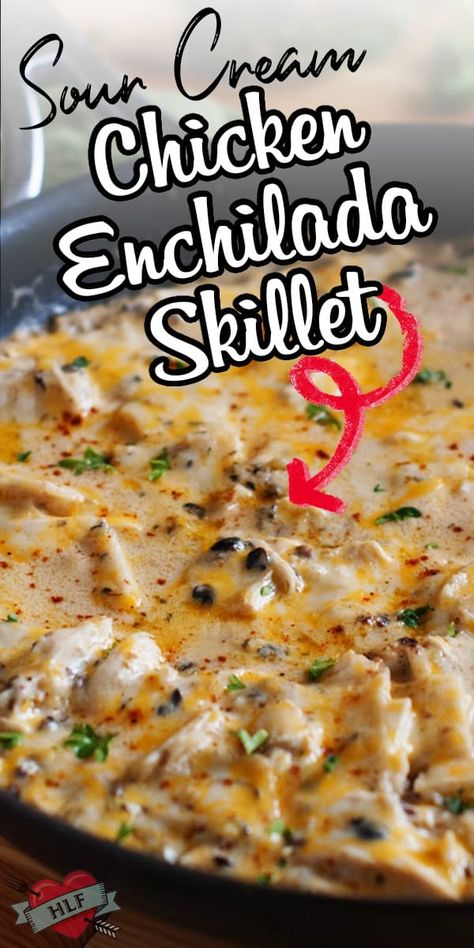 This one pan dinner takes all the flavor of sour cream chicken enchiladas and turns it into an easy skillet that is done in the fraction of the effort and time! Sour cream, chicken, green chiles and plenty of cheese make this recipe great! #enchilada #easydinner #onepan #sourcream #chickendinner via @hlikesfood Enchilada Skillet, Chicken Enchilada Skillet, Healty Dinner, Cream Chicken, Sour Cream Chicken, One Pan Dinner, Easy Skillet, Green Chiles, Chicken Enchilada