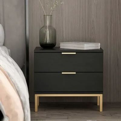 Bedside Dresser Modern, Black Night Table, Mid Century Modern Bedroom Nightstands, Black And Gold Bedside Table, Nightstand Modern Design, Black And Brass Bedroom, Guest Room Inspiration Modern, Black Modern Nightstand, Black Gold Home Decor