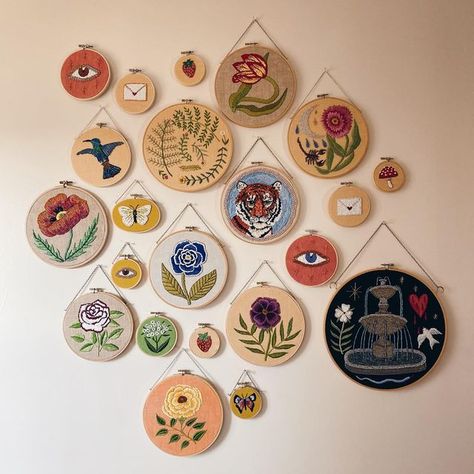 Wall Embroidery, Embroidery Wall Collage, Hand Embroidery Decor Wall Art, Embroidery Wall Art Ideas, Wall Decor Embroidery, Stitched Wall Art, Decorating With Embroidery Wall Art, Embroidery Framed Art, Embroidery Hoop Wall Art Decor